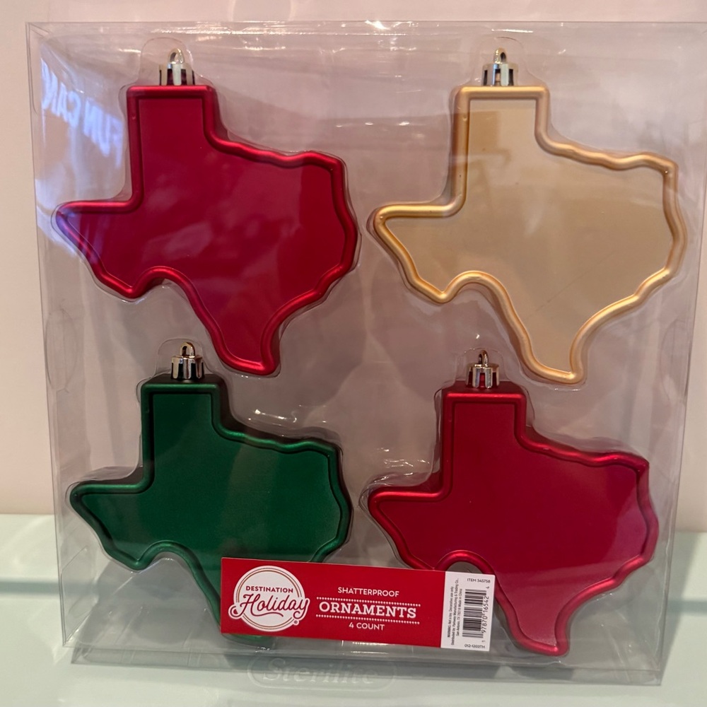 HEB Shatterproof Texas State Ornaments - Red, Gold, Green- Set of 4- NWT